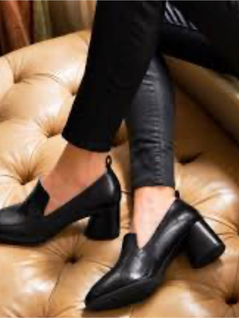 Aerosoles Black Leather Block Heel Slip-On Pumps